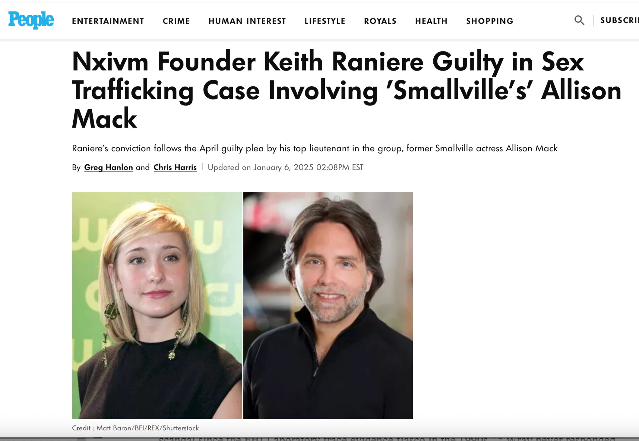 People Magazine headline: Nxivm Founder Keith Raniere Guilty in Sex Trafficking Case Involving Smallville's Allison Mack